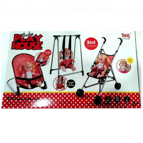 Baby play house 3 in 1 - Κούκλα με καροτσάκι, κούνια και φορητό κρεββατάκι